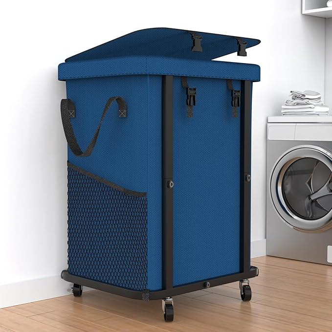40 Gal(150L) Laundry Basket with Lid, Rolling Laundry Hamper with Wheels, Dirty Clothes Hamper with Metal Frame and Removable Bag Design, Suitable for Laundry Room, Bedroom (Dark Blue, 150L)