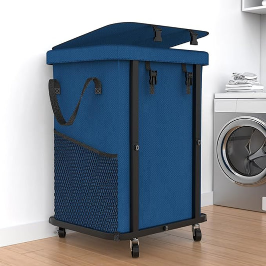 40 Gal(150L) Laundry Basket with Lid, Rolling Laundry Hamper with Wheels, Dirty Clothes Hamper with Metal Frame and Removable Bag Design, Suitable for Laundry Room, Bedroom (Dark Blue, 150L)