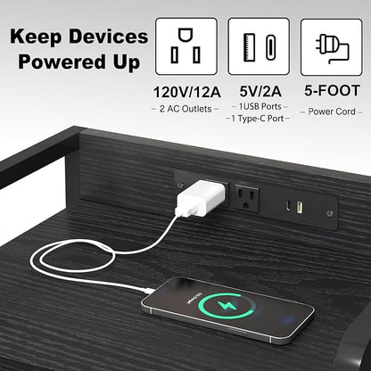 Fixwal Night Stand for Men Bedroom with 2 Fabric Storage Drawers and Shelves, Nightstand with Charging Station & LED Lights, Black