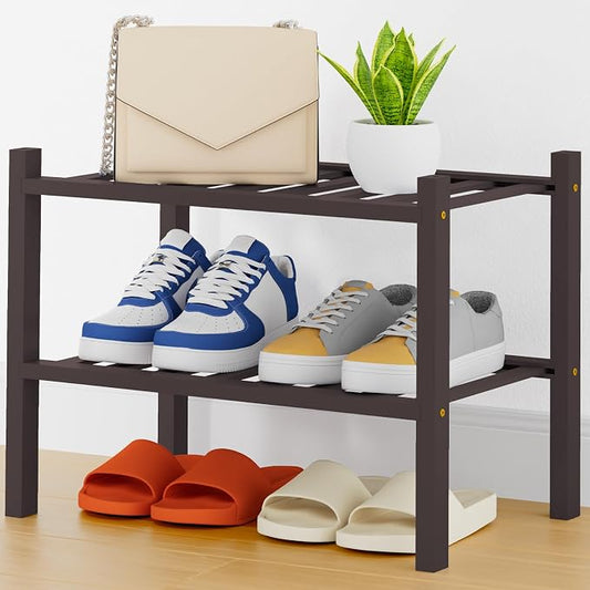 Smiry Small Bamboo Shoe Rack, 2 Tier Free Standing Wooden Shoe Organizer, Stackable Wood Shoe Storage Shelf for Closet, Entryway, 14 Vertical Slats, One-piece Heavy-Duty Legs, 17.3"x11"x13", Black