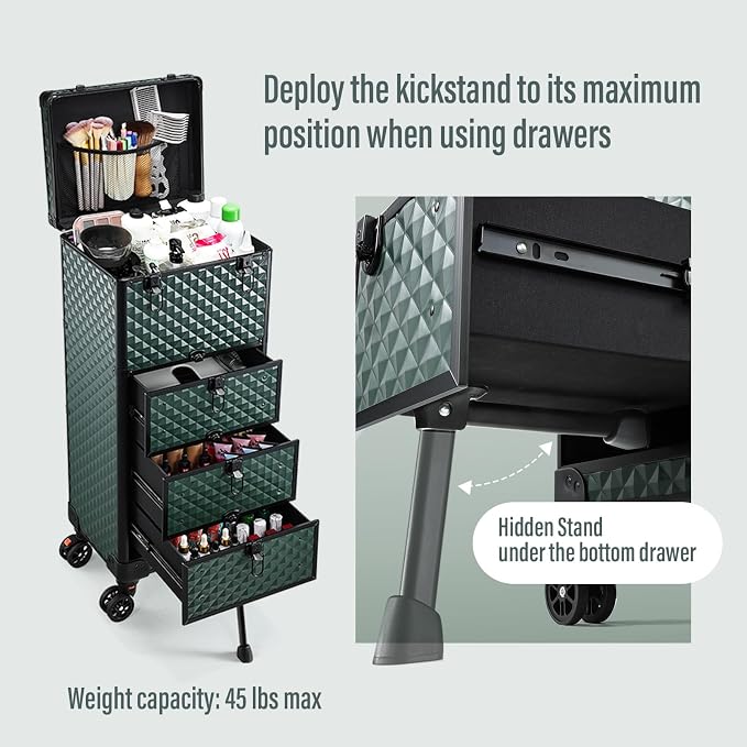 Yueieoun Nail Trolley Cart with 3 Drawers, Salon Station Cosmetology Case on Wheels Rolling Makeup Train Case Nail Case Organizer Beauty Salon Travel Case for Nailart,SPA,Hairstylist,Artist,Dark Green