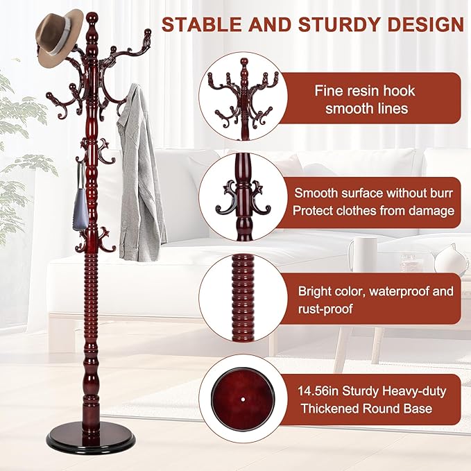 Wooden Coat rack freestanding, Coat racks stand with 14 Hook, Heavy duty coat tree standing 3 Adjustable Heights for Bedroom, Entryway, Hallway, Office,Stury Base (Redwood)