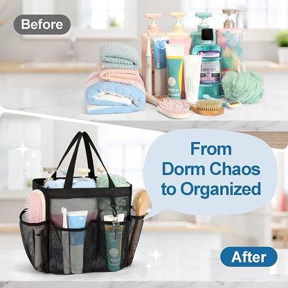 F-color Mesh Shower Caddy Portable - 2 Handles Upgrade Deeper 7 Pockets Basket Bag Tote for College Dorm Room Toiletry Bathroom Essentials Gym Camp Quick Dry with S Hook, 2 Pack, Black & Mint Green