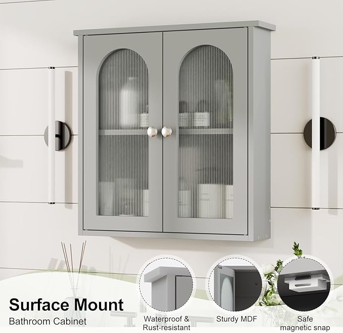 Bathroom Wall Cabinet,Medicine Cabinets Wall Mounted with Arched,Bathroom Medicine Cabinet Over Toilet,Surface Mount Medicine Cabinet for Laundry Room,Kitchen,Grey Storage Cabinet 22x23