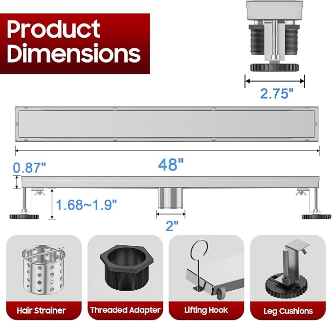 DLONE Linear Shower Drain | 48" AISI 304 Stainless Steel Linear Drain, Brushed Nickel Shower Drain with Tile Insert Panel & Adjustable Feet, Long Rectangle Shower Floor Drain in Bathroom, Balcony etc