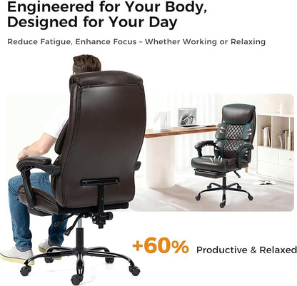 Office Chair, Executive High Back Leather Home Office Desk Chair with Footrest & Lumbar Support - Ergonomic Reclining Comfortable Wide Swivel Rolling Gaming Computer Chair 90-135° Adjustable Tilt Lock