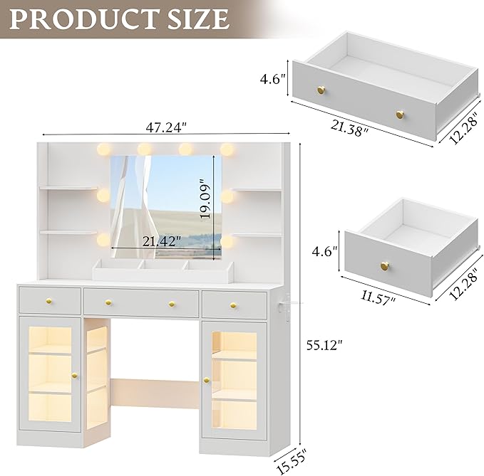 Vanity Desk With Mirror and Lights, Makeup Vanity Set with 3 Storage Drawers & Adjustable Shelves, Dressing Table with RGB Cabinets & Charging Station, 3 Lighting Modes for Women Kids Bedroom, White
