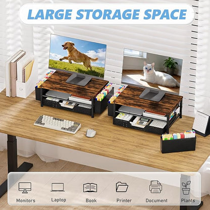 OPNICE Wood Desk Organizers and Accessories, 2-Tier Computer Monitor Stand Riser with Drawer and 2 Pen Holders, Laptop Stand, Office Desk Accessories for Office Supplies, Brown