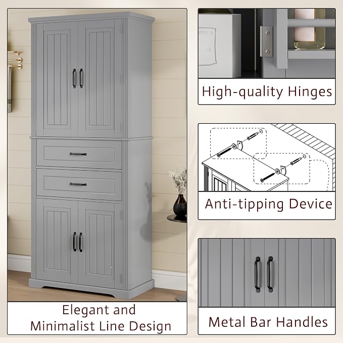 Storage Cabinet,Tall Freestanding Cabinet with Adjustable Shelf | Tall storage cabinet, 4-door design, 5+ shelves, upper door shelves, and 2 pull-out compartments for organized storage
