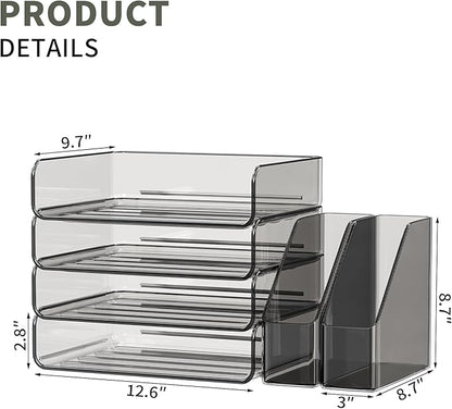 Acrylic Paper Organizer with Movable Bookends, 4-Tier Stackable Paper Tray for Desk, Brown Clear File & Letter Tray Organizer Office