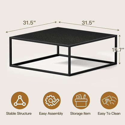 31.5" Square Coffee Table, Mid-Century Modern Black Center Table for Living Room, Floor Table for Sitting on The Floor, Wood Cocktail Tea Contemporary Tables with Metal Frame for Office Apartment Home