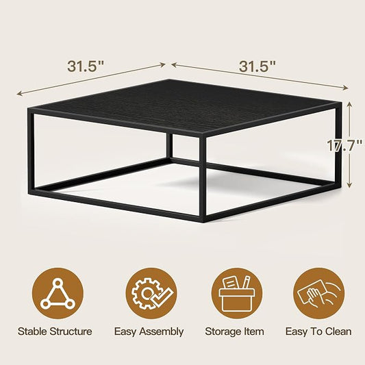 31.5" Square Coffee Table, Mid-Century Modern Black Center Table for Living Room, Floor Table for Sitting on The Floor, Wood Cocktail Tea Contemporary Tables with Metal Frame for Office Apartment Home