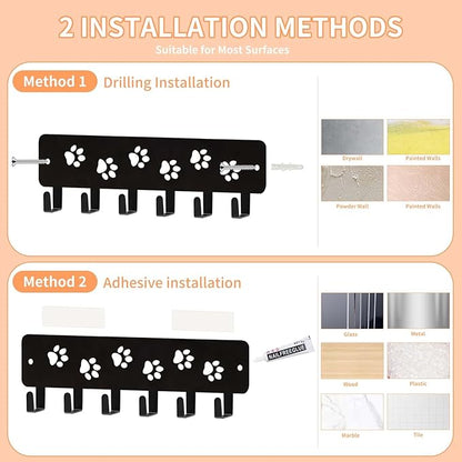 Key Hooks Key Holder Decorative Dog Leash Holder for Wall, 6 Hooks 9.75×2.73 inch for Wall Decorative Animal Storage Rack Adhesive, Black Hooks for Entrance Living Room Kitchen-Gifts for Dog Lovers