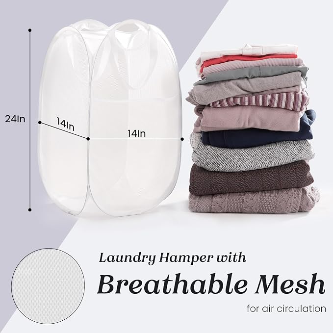 TECHMILLY Collapsible Mesh Pop Up Laundry Hamper with Sturdy Handles and Side Pocket - Portable Foldable Clothes Baskets for Dorm, Bathroom & Travel Storage (White, 2 Packs)