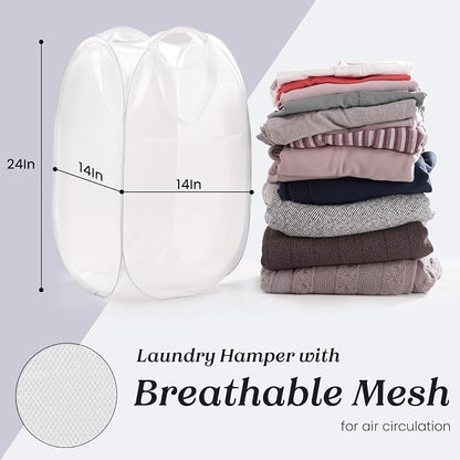 TECHMILLY Collapsible Mesh Pop Up Laundry Hamper with Sturdy Handles and Side Pocket - Portable Foldable Clothes Baskets for Dorm, Bathroom & Travel Storage (White, 2 Packs)