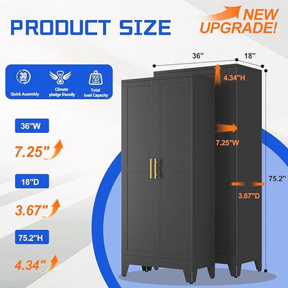 GAIOUS 75.2" Tall Metal Storage Cabinet with 2 Doors and 5 Adjustable Shelves, New upgrade Kitchen Pantry Cabinet, Black Freestanding Cupboard, 6 Tier Steel Storage for Office, Kitchen, Dining, Garage