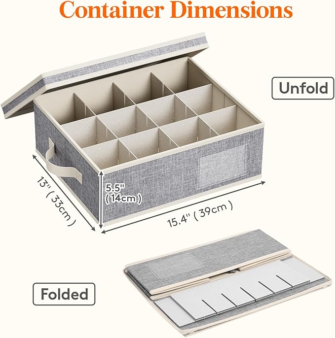 Lifewit 3 Pcs Coffee Mug Storage Box with Dividers, Stackable Cationic Hard Shell Stemware Containers with 48 Cells, Foldable Dustproof China Containers for Moving, Light Grey