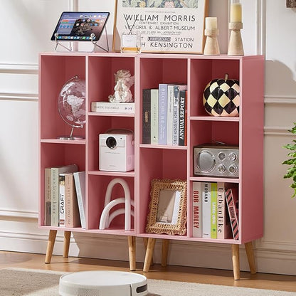 LEYAOYAO 5 Cube Bookshelf 3-Tier Bookcase with Legs,Mint Light Pink Kids Book Shelf Cute Storage Organizer,Free Standing Open Toy Shelves Wood Bookshelves,Display Bookcases for Bedroom,Living Room