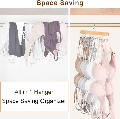 Bra Hanger for Closet, Tank Top Organizer 20 Hooks Capacity Foldable Wood Space Saving Hanger Closet Organizers and Storage for Dorm & Apartment for Tank Top, Hats etc.-2 Pack