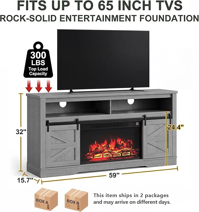 YESHOMY Fireplace TV Stand for Television up to 65+ Inch with Storage and Farmhouse Sliding Barn Doors, Entertainment Center with Cabinet and Shelves, Media Console for Living Room,Rustic Gray