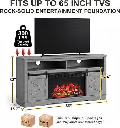 YESHOMY Fireplace TV Stand for Television up to 65+ Inch with Storage and Farmhouse Sliding Barn Doors, Entertainment Center with Cabinet and Shelves, Media Console for Living Room,Rustic Gray