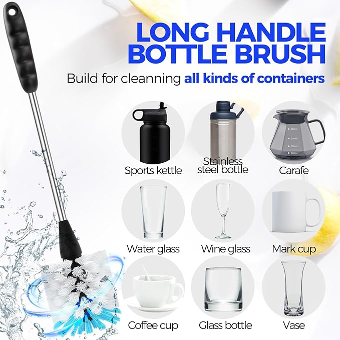 Holikme 6 Pack Bottle Brush Set, 14" Long Handle Stainless Steel Bottle Cleaner Brush, 3 Straw Brushes, 4-in-1 Bottle Cleaning Brush for Water Bottle, Baby Bottle, Blue&White