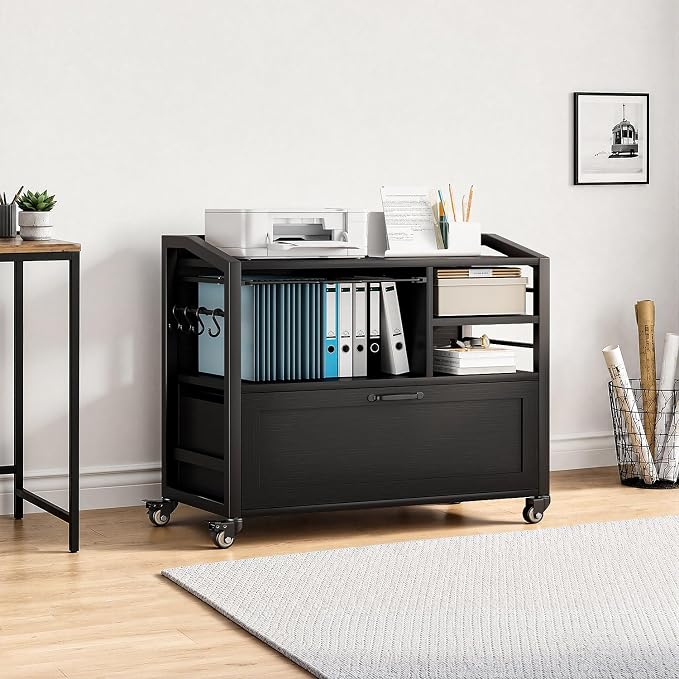 LVB Wood Lateral File Cabinet with Drawers, Rolling Filing Cabinet Under Desk for Home Office, Printer Stand with Storage Shelf, Hanging File Organizer for Legal/Letter Size, Black Oak, 33Inch