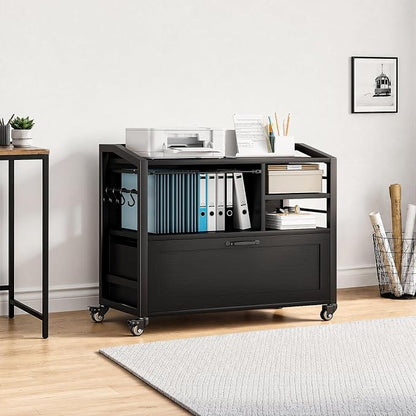 LVB Wood Lateral File Cabinet with Drawers, Rolling Filing Cabinet Under Desk for Home Office, Printer Stand with Storage Shelf, Hanging File Organizer for Legal/Letter Size, Black Oak, 33Inch