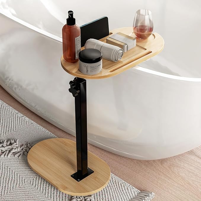 Yumkfoi Bamboo Bathtub Tray Table with Adjustable Height, Freestanding Bath Caddy Tray for Tub Against Wall, Bathtub Side Table for Luxury Bath Home Spa Homewarming - Patent Protected (Natural)