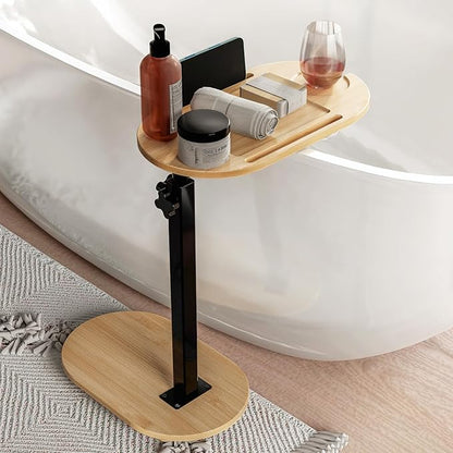 Yumkfoi Bamboo Bathtub Tray Table with Adjustable Height, Freestanding Bath Caddy Tray for Tub Against Wall, Bathtub Side Table for Luxury Bath Home Spa Homewarming - Patent Protected (Natural)