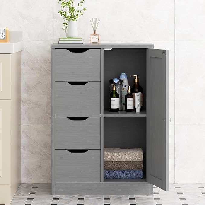 Walsunny Bathroom Floor Storage Cabinet, Wooden Storage Organizer with 4 Drawers and 1 Cupboard, Freestanding Entryway Storage Unit Console Table, Gray