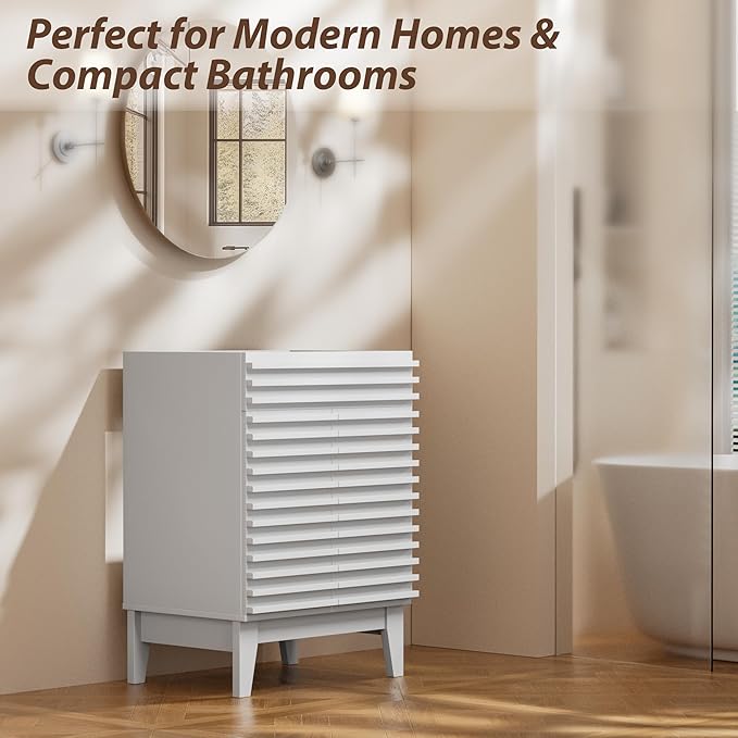 APRILSOUL 24" Bathroom Vanity, Mid-Century Bathroom Vanity Cabinet with 2 Soft Closing Doors, Freestanding Bathroom Cabinet, Particleboard Frame with Wood Grain Laminate, White(Sink Not Included)