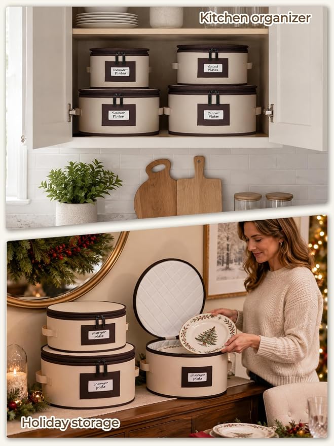 punemi China Storage Containers, 4 Pack Hard Shell Plate Dish Storage Cases with Padded Dividers & Quilted Lining, Stackable Dinnerware Storage Protectors for Moving Boxes & Holiday Storage, Beige
