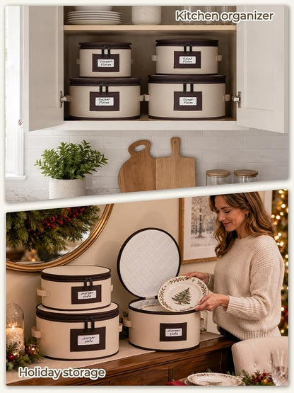 punemi China Storage Containers, 4 Pack Hard Shell Plate Dish Storage Cases with Padded Dividers & Quilted Lining, Stackable Dinnerware Storage Protectors for Moving Boxes & Holiday Storage, Beige