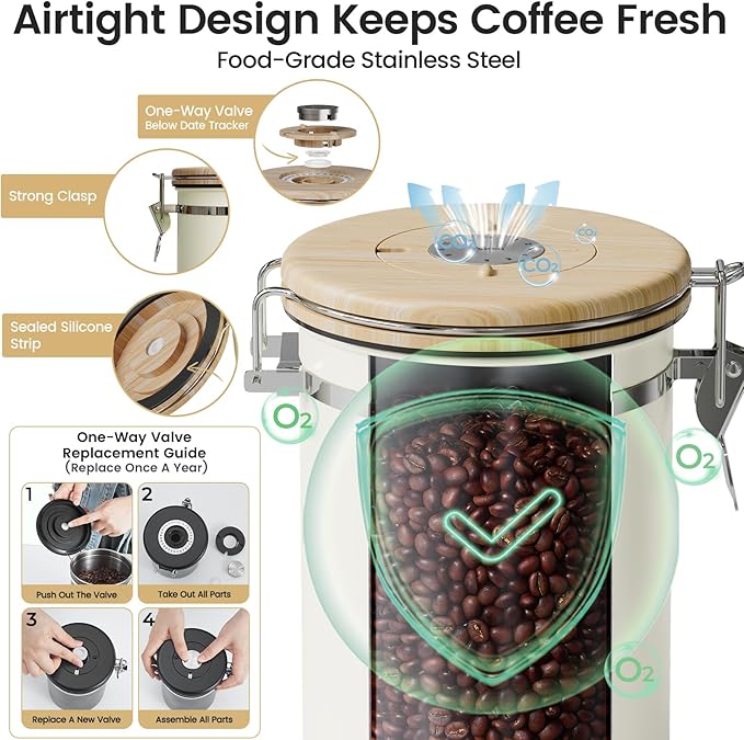Veken Coffee Sugar Canister with Window, Gifts For Women,Airtight Stainless Steel Kitchen Food Storage Container Gift, Date Tracker & Scoop for Ground, Beans,Tea,Flour,Cereal, 22OZ, Cream