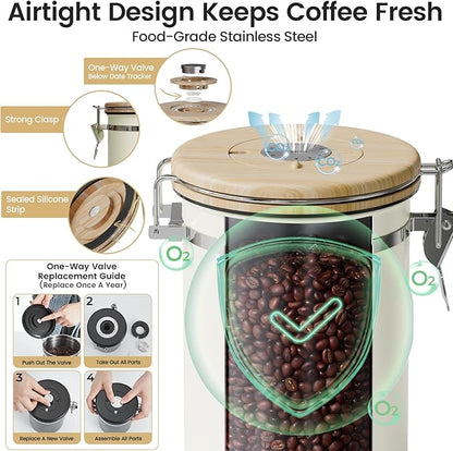 Veken Coffee Sugar Canister with Window, Gifts For Women,Airtight Stainless Steel Kitchen Food Storage Container Gift, Date Tracker & Scoop for Ground, Beans,Tea,Flour,Cereal, 22OZ, Cream