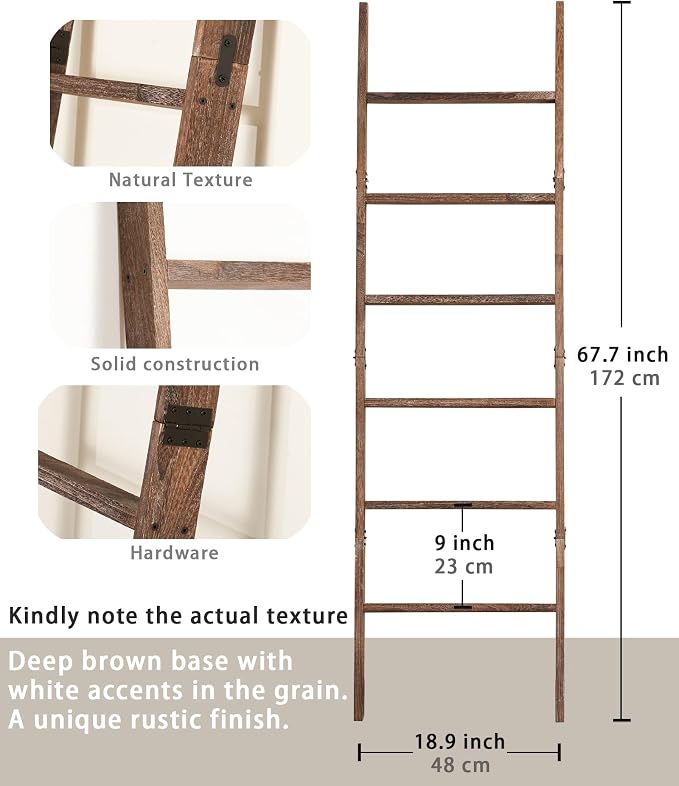 Blanket Ladder for The Living Room 6-Tier, Wooden Decorative Quilt Holder for Bed Room, Wall-Leaning Wood Towel Rack for Bathroom，Rustic Farmhouse Ladders for Display. (Washed Brown)