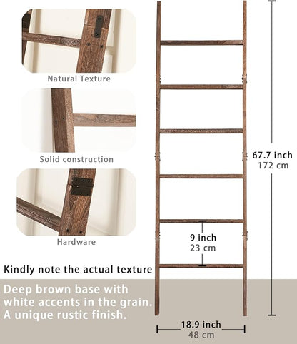 Blanket Ladder for The Living Room 6-Tier, Wooden Decorative Quilt Holder for Bed Room, Wall-Leaning Wood Towel Rack for Bathroom，Rustic Farmhouse Ladders for Display. (Washed Brown)