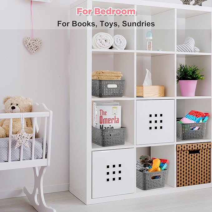 AREYZIN Small Storage Bins Plastic Storage Baskets Set of 6 Sturdy Small Pantry Organizer Bins Organization and Storage Shelves Baskets for Organization, Countertops, Desktops, Cabinets, Bedrooms