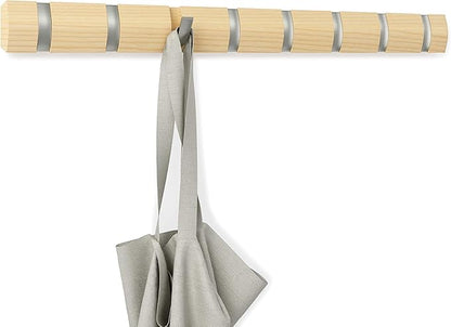 Umbra Flip Wall-Mounted Coat Rack with 8 Hooks – Modern, Space-Saving Storage for Hats, Jackets, Bags, Entryway, Mudroom, Closet, Bathroom, Bedroom – Natural/Nickel