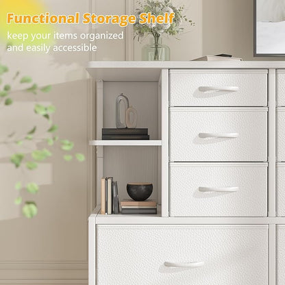 EnHomee White Dresser for Bedroom with LED Lights and 12 Drawers Dresser with 4 Open Storage Shelves, Fabric Dressers & Chests of Drawers, Metal Frame, 45.2" H x 35.4" W x 11.8" D