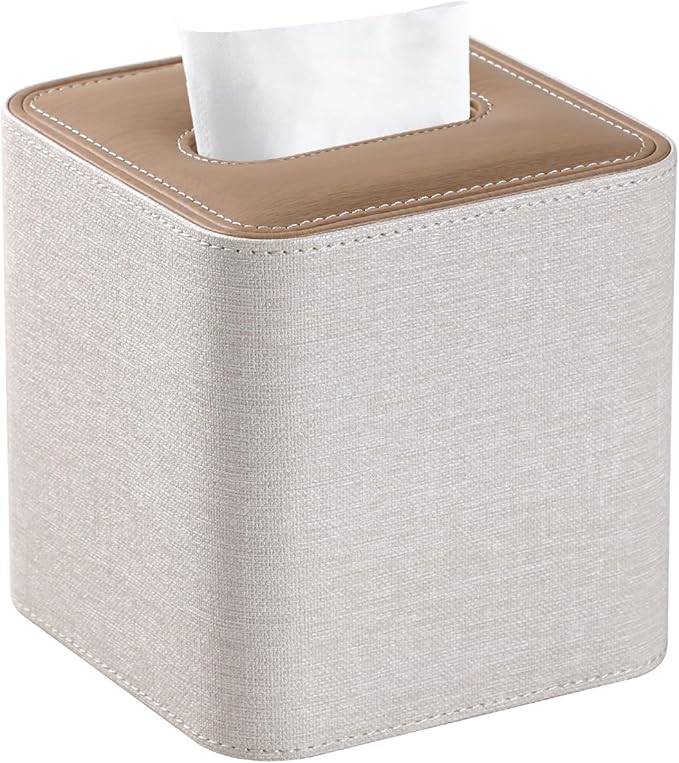 Cretkhp Square Linen Tissue Box Cover with Magnetic Closure, Modern PU Leather Tissue Box Holder for Bathroom Vanity Countertop Night Stands Bedroom Office Desk, Stylish Cube Tissue Holder (Linen)