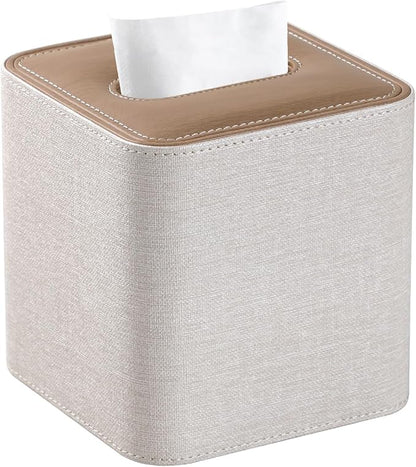 Cretkhp Square Linen Tissue Box Cover with Magnetic Closure, Modern PU Leather Tissue Box Holder for Bathroom Vanity Countertop Night Stands Bedroom Office Desk, Stylish Cube Tissue Holder (Linen)