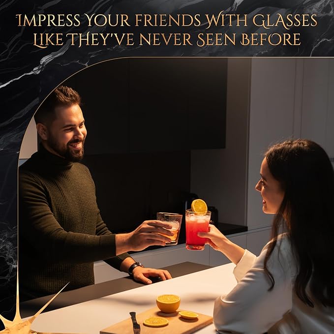 Bec's Designs Gold Rim Highball Glasses – Set of 4, 16oz Handblown Triangular Hammered Glass Tumblers – Elegant Drinkware for Cocktails, Water & Iced Tea