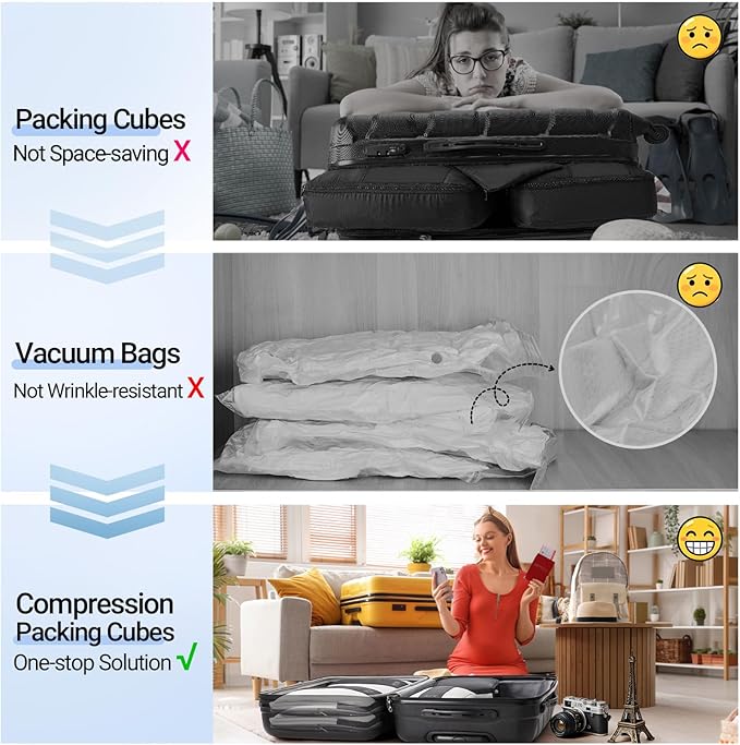6 Set Compression Packing Cubes for Travel Essentials,Compressible Expandable Packing Cubes for Suitcase,OlarHike Luggage Garment Bags for Travel,Handy Helper for Organizing Clothes(Black)