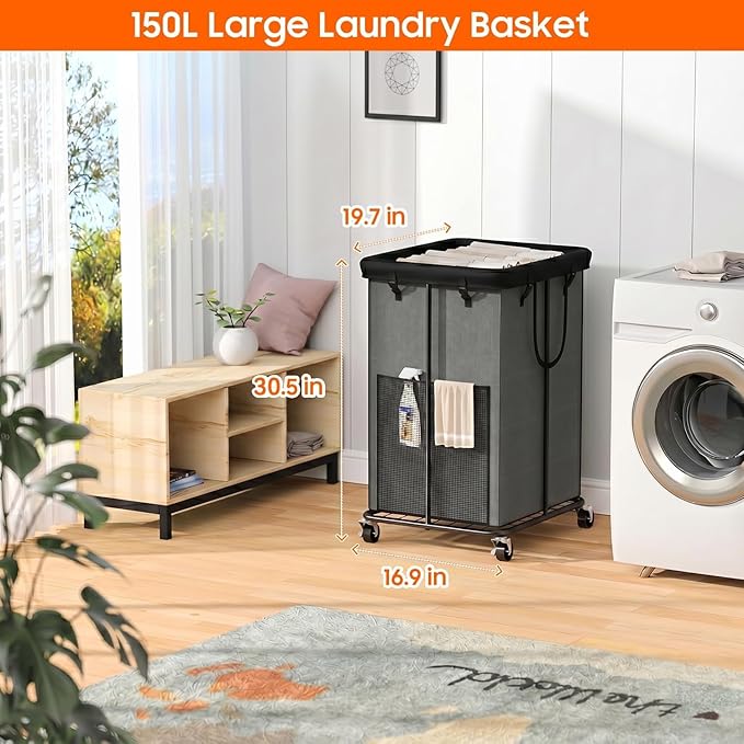 150L Laundry Hamper with Wheels, Rolling Laundry Basket with Metal Frame and Removable Bag, Large & Tall Dirty Clothes Hampers for Bedroom Aesthetic, Laundry Room, Bathroom, Dorm-Grey