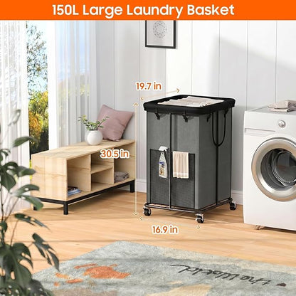 150L Laundry Hamper with Wheels, Rolling Laundry Basket with Metal Frame and Removable Bag, Large & Tall Dirty Clothes Hampers for Bedroom Aesthetic, Laundry Room, Bathroom, Dorm-Grey