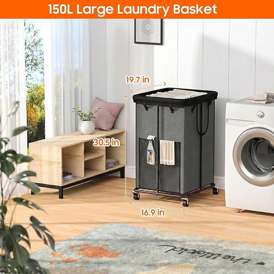 150L Laundry Hamper with Wheels, Rolling Laundry Basket with Metal Frame and Removable Bag, Large & Tall Dirty Clothes Hampers for Bedroom Aesthetic, Laundry Room, Bathroom, Dorm-Grey