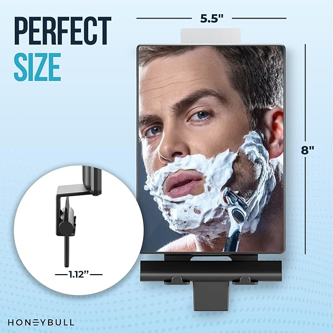 HONEYBULL Fogless Shower Mirror for Shaving – Anti Fog Mirror for Shower with Water Tank, Adhesive Hook Mount, Bonus Razor Holder & Squeegee – for Men and Women, Small Bathroom Accessory (Black)