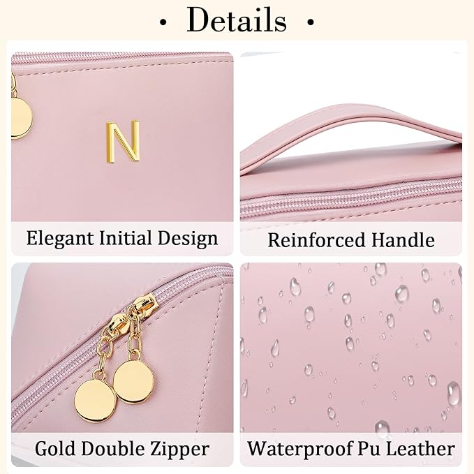 Valentine's Day Gifts for Women Teen Girl, Personalized Initial Makeup Organizer Bag Set, Open Flat Travel Cosmetic Bag With Clear Divider and Handle(Pink,N)
